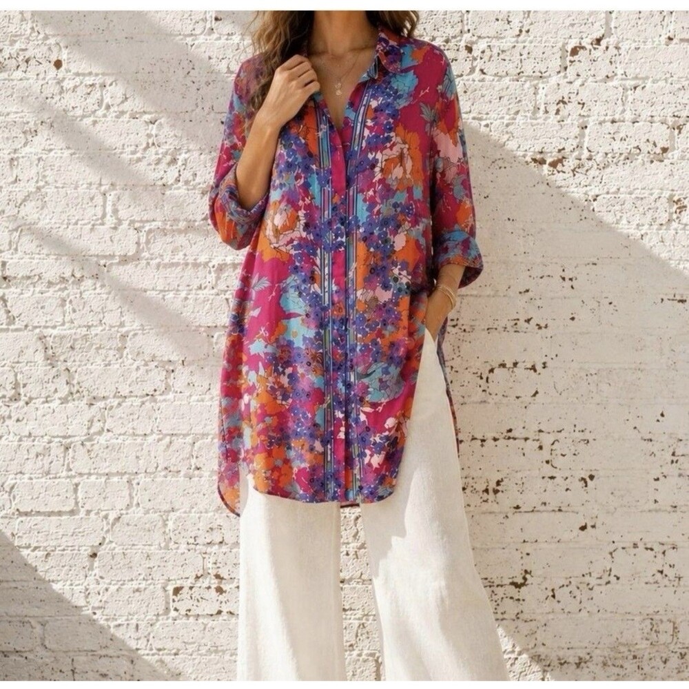 Soft Surroundings Garden Path Shirt Dress PXL Bright Floral Midi Tropical